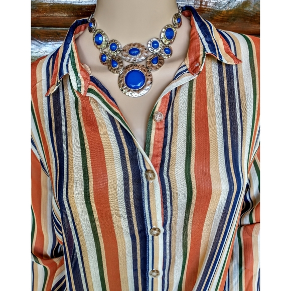 Ultra Violet Sheer Collard Striped Tie Blouse - Picture 5 of 6